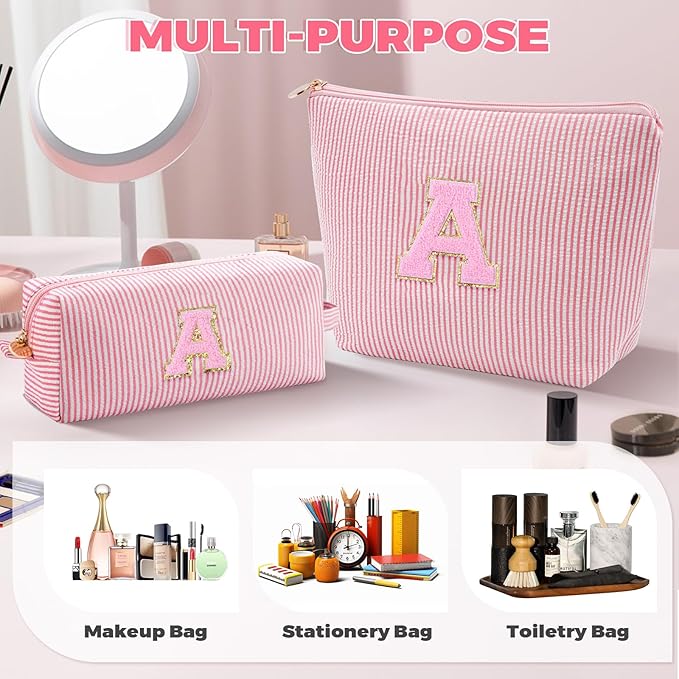 Makeup Bag Set Initials Cosmetic Bag,Gifts for 10 11 12 13 14 15 16 17 18 Years Old Girl Girlfriend Teen Girls Gift Trendy Stuff Personalized Toiletry Bag Travel - Peach,A