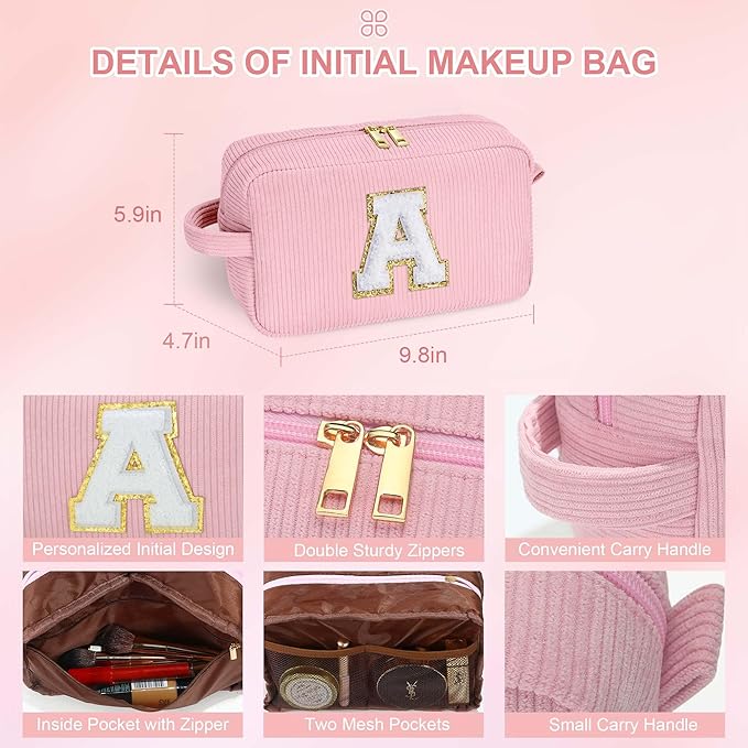 YOOLIFE Girlfriend Gifts Makeup Bags - Initial Makeup Bag Travel Makeup Bag with Zipper Small Makeup Brush Bag Corduroy Makeup Bag Sister Birthday Gifts Bridesmaid Proposal Gifts for Women Letter K