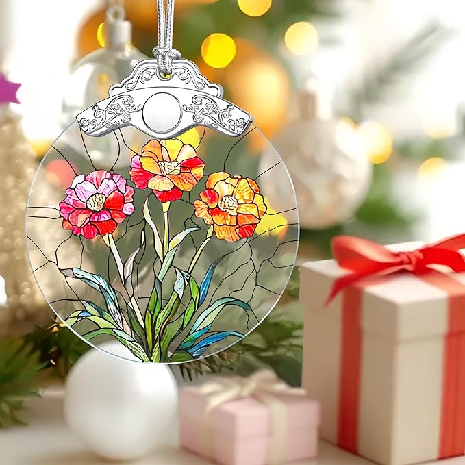 Christmas Ornaments: Stained Glass-Style January Birth Flower Ornament – Christmas Tree Decorations, Holiday Party Gifts, Mother's Day & Birthday Gifts for Women, Mom & Grandma | Birth Flower Gift