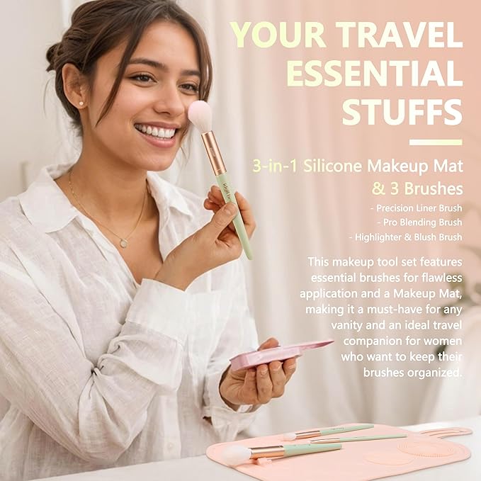 Travel Makeup Brush Set, Portable Makeup Kit with Pad Easy Clean Vegan Brush Set, ON THE GO Cosmetic Brushes Tools 4 Pcs for Women