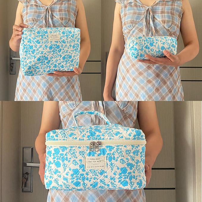 Lake Blue Large Quilted Floral Makeup Bag Set of 3 Cute Coquette Aesthetic Cosmetic Bag Set Travel Toiletry Bag for Women