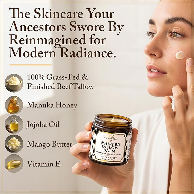 Whipped Tallow and Honey Balm for Face - Unscented Grass Fed Beef Tallow for Skin, Moisturizer Cream with Manuka Honey, Jojoba Oil, Mango Butter & Vitamin E - For Dry Skin & Body - 3 oz