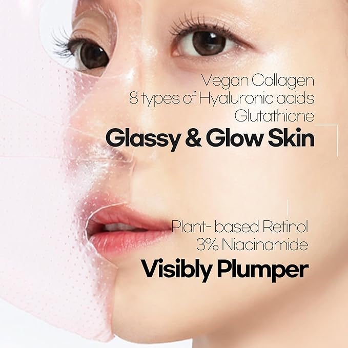 Glassy Hydrogel Face Mask for Glow and Dewy Skin, Deep Hydration, Vegan Collagen, Makeup Prep, Pore Tightening, Firming, Moisturizing, Elasticity, Overnight Korean Skin Care 1.19oz x 4ea