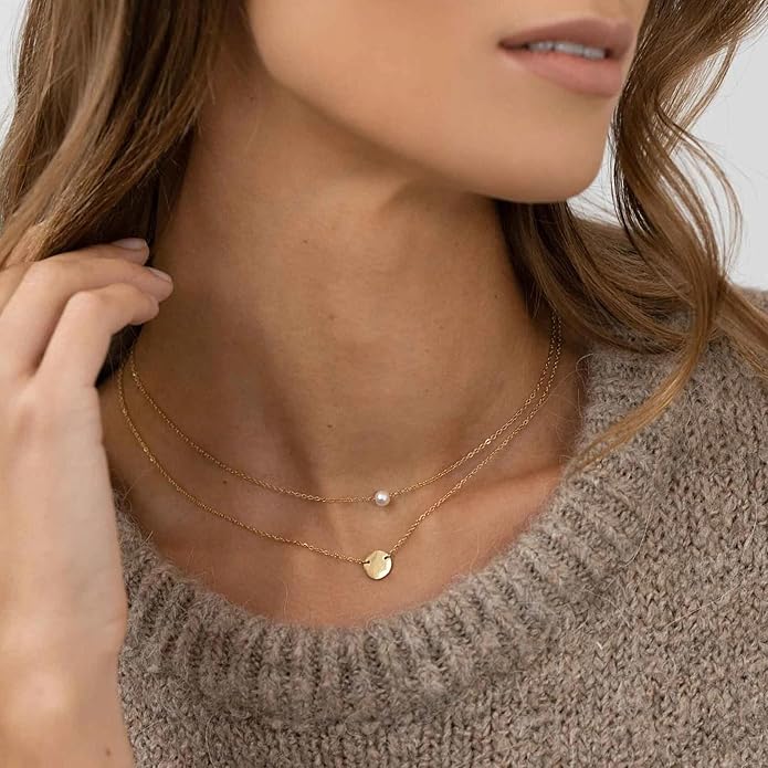 Dainty Gold Heart Necklace for Women - 14K Gold/Silver Plated Cute Heart Handmade Disc Circle Bee Choker Adjustable Necklace for Women Trendy Jewelry
