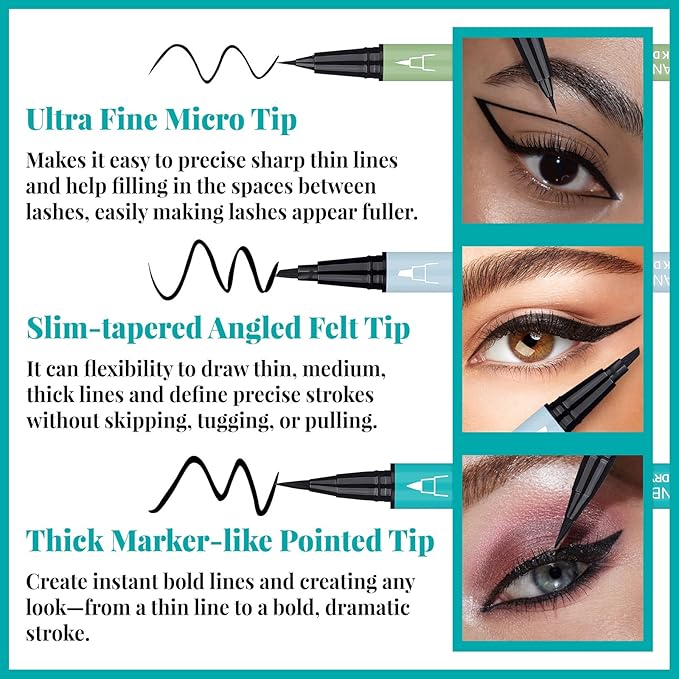 UCANBE 3pcs Black Liquid Eyeliner Kit Included 3 Brush Tip for Ultra Precision, Quick Drying, Smooth Glide, Smudge-Resistant, Waterproof Pigmented Up To 24 Hours Liquid Liner Eye Makeup Set