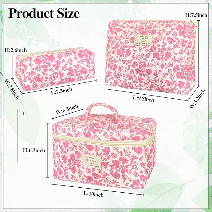 Pink Large Quilted Floral Makeup Bag Set of 3 Cute Coquette Aesthetic Cosmetic Bag Set Travel Toiletry Bag for Women