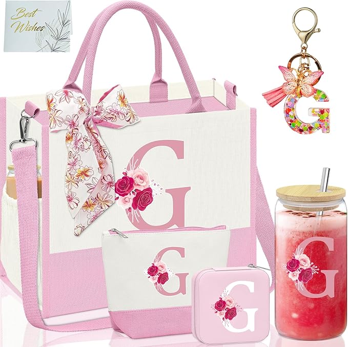 Monogrammed Gifts for Women,Personalized Gift for Women,Initial Canvas Tote Bag,16oz Initial Glass Cup,Makeup Bag for Sister,Jewelry Organizer Box,Birthday Gifts for Aunt Niece-G