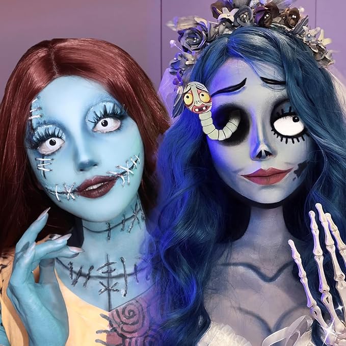 Halloween Sally Makeup & Corpse Bride Makeup Kit, Sally Costume Corpse Bride Make Up SFX Set with Light Blue Face Paint, Black Eyeliner, Lipstick & Faux Eyelash for Sally Face Cosplay & Dress-Up Party