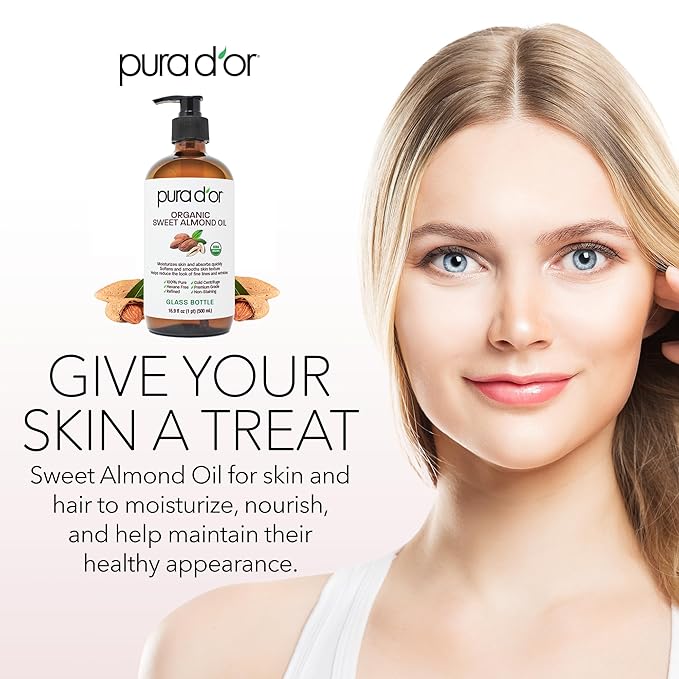 PURA D'OR 16.9 Oz ORGANIC Sweet Almond Oil (GLASS BOTTLE) 100% Pure & Natural USDA Certified Cold Pressed Carrier Oil For DIY Beauty - Non-Greasy, Unscented, Hexane Free Moisturizer - For Hair & Skin