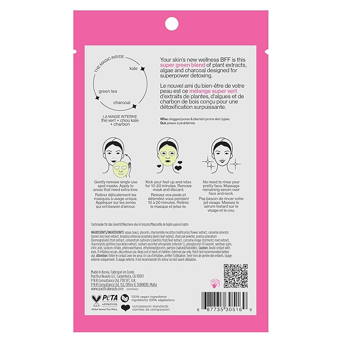 Pacifica Super Green Detox Sheet Mask – 12-PACK Charcoal, Kale & Clay Pore Cleansing Mask for Oily, Blemish-Prone Skin, Deep Detox Facial Mask, Vegan