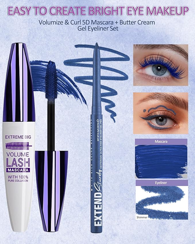Blue Mascara and Eyeliner Set, 5D Waterproof Mascara Volume and Length Natural Lengthening Curling, Smudge Proof Blue Eyeliner Pencil, Natural Eye Makeup Gift Kit for Women in Halloween Set-02