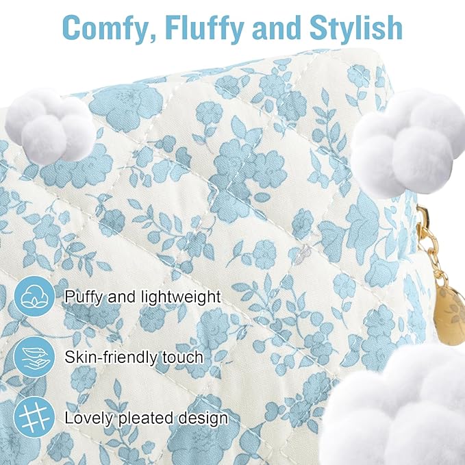 Personalized Quilted Cosmetic Bag, Puffy Monogrammed Christmas Birthday Gifts for Women & Girls, Cute initial Floral Makeup Bag Puffer Coquette Bag, Aesthetic Travel Toiletry Zipper Pouch(Blue,Z)