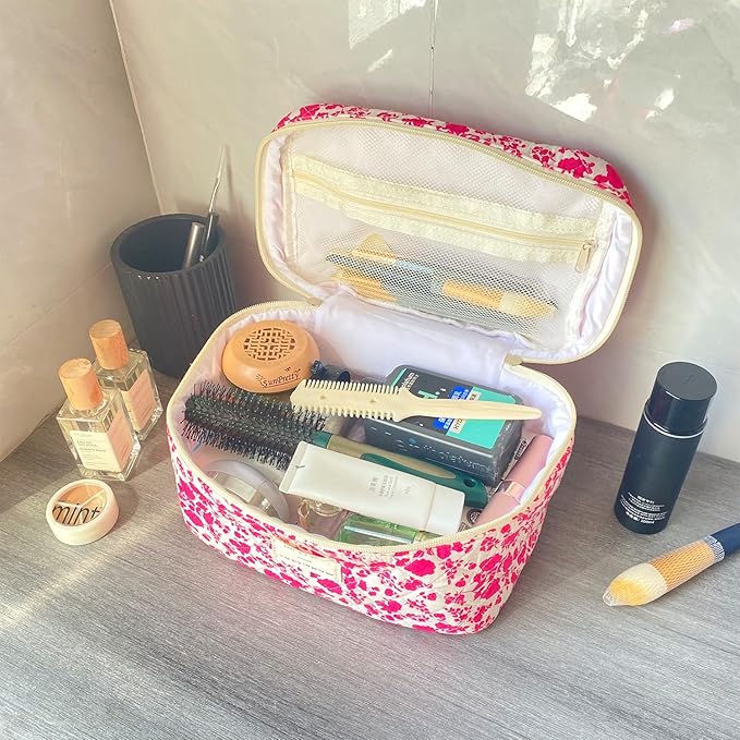 Rose Red Large Quilted Floral Makeup Bag Cute Soft Coquette Aesthetic Cosmetic Bag Cotton Travel Toiletry Bag for Women