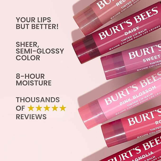 Burt's Bees Lip Tint Balm Stocking Stuffers Gifts, Long Lasting 2 in 1 Duo Tinted Balm Formula, Color Infused with Hydrating Shea Butter for a Natural Looking Buildable Finish, Petal Rose (16-Pack)