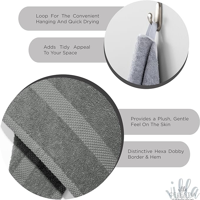 100% Combed Cotton Bathroom Towel Set of 6- 2 Bath Towels, 2 Hand Towels, 2 Wash Cloths, Sustainable, Soft, Highly Absorbent 6 Piece Cotton Bath Towel Set Ideal for Hotels, Spa, Bathroom, Dorm, Grey