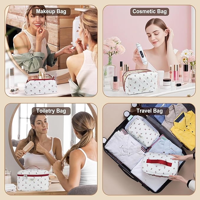 TOPEAST Travel Makeup Bag for Women Girl, 3Pcs Large Cotton Quilted Make up Brush Bags, Portable Cute Cosmetic Bag Sets with Zipper, Machine Washable Toiletry Pouch, Cherry