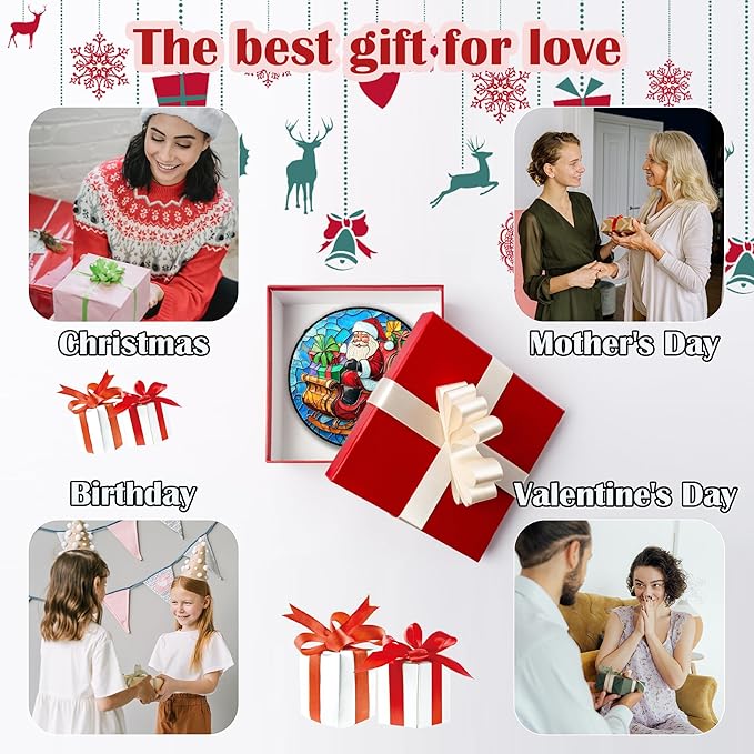 Stained Glass Window Hanging - Red Santa Claus Gift Box Suncatcher for Doors Home Christmas Decoration Winter Sun Catcher Thanksgiving New Year Birthday Gift for Women Men Mom Nana 6.3 in