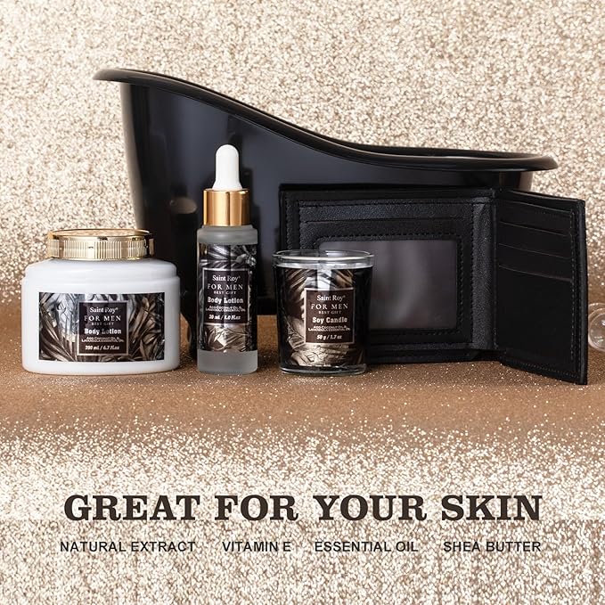 Gift for Dad Spa Gifts for Men, Bath & Body Kit, Spa Gift Set, Man Spa Basket Set for Dad, Mens Perfume Bath and Body Gift Set, Ideal Christmas Birthday Self Skin Care Set for Man Leather Wallet