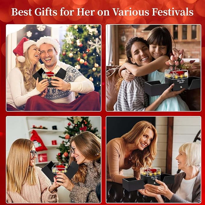 2 Preserved Real Rose with Heart I Love You Necklace- Eternal Rose Birthday Gifts for Women Wife Girlfriend Her Mom Grandma on Festivals Gifts Christmas Valentines Mothers Day Anniversary-Red Rose