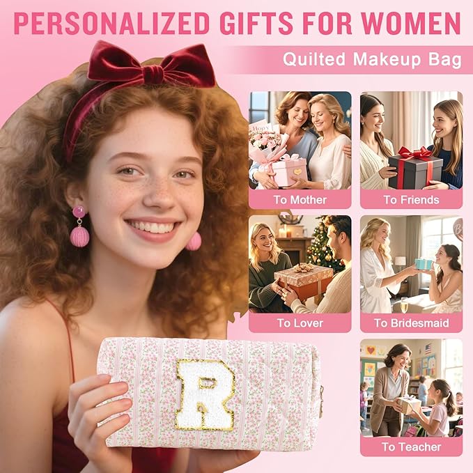 Personalized Quilted Cosmetic Bag, Puffy Monogrammed Christmas Birthday Gifts for Women & Girls, Cute initial Floral Makeup Bag Puffer Coquette Bag, Aesthetic Travel Toiletry Zipper Pouch(Pink,R)