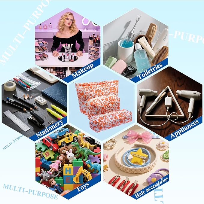 3 Piece Orange Quilted Floral Makeup Bag Set Small Cosmetic Bag For Women Cute Cotton Makeup Pouch For Purse