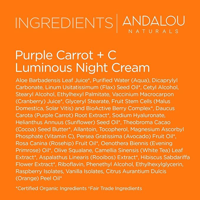 Andalou Naturals Purple Carrot + Vitamin C Luminous Skin Night Cream - Hydrating Face Moisturizer - With Fruit Stem Cell Complex for Radiant Skin - 1.7 fl oz
