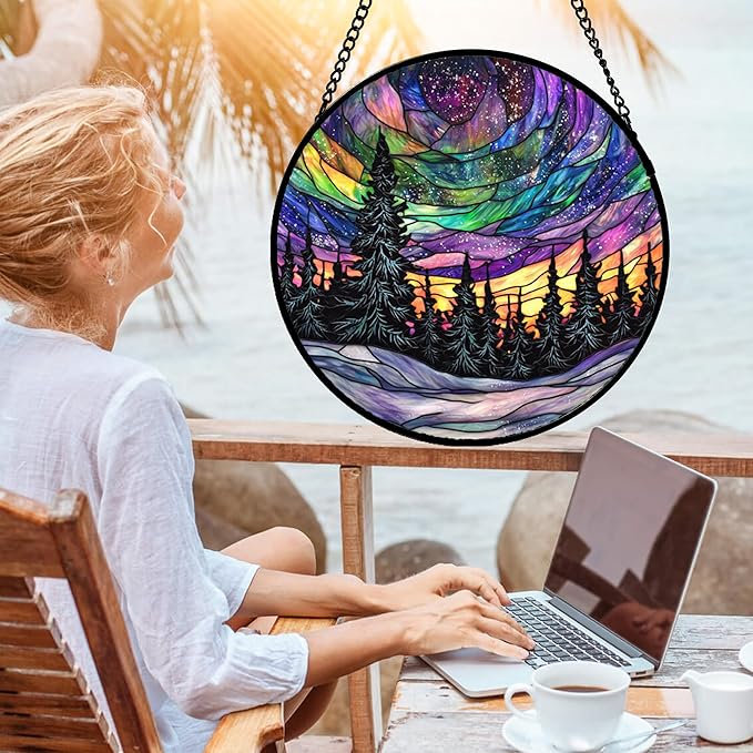 Stained Glass Window Hanging, Van Gogh Night Scene Sun Catchers Colorful Glass Panel Starry Sky Suncatcher Decor for Birthday for Women, Men, Wife, Aunt, and Mom 14.9x14.9 in