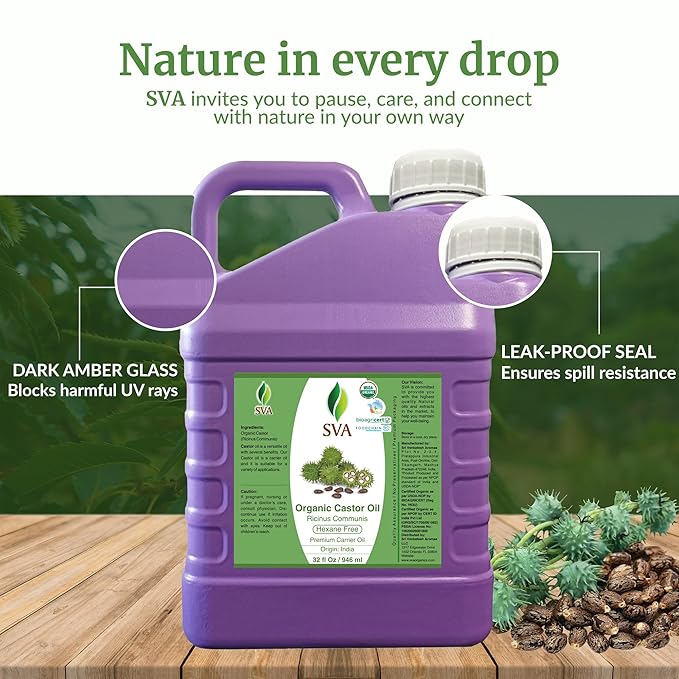 SVA Castor Seed Oi Organic - 32 Fl Oz – 100% Natural Cold Pressed Organic Castor Oil - for Face, Skin Care, Hair Care, Scalp Massage & Body Massage