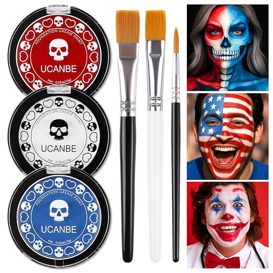 US Flag Red White Blue Joker Face Body Paint with Brushes for Halloween & 4th of July USA Independence Day America’s Patriotic Parades, Face Painting Kit for Kids Adults Devil Dress-Up Costume Cosplay