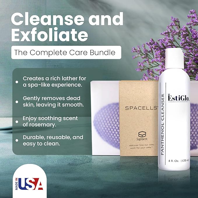 Panthenol Soap-Free Gel Cleanser Bundle with Supracor SpaCells Exfoliating Facial Sponge | Hydrating Cleanser & Honeycomb Exfoliating Glove for Deep Skin Cleansing | Panthenol Cleanse