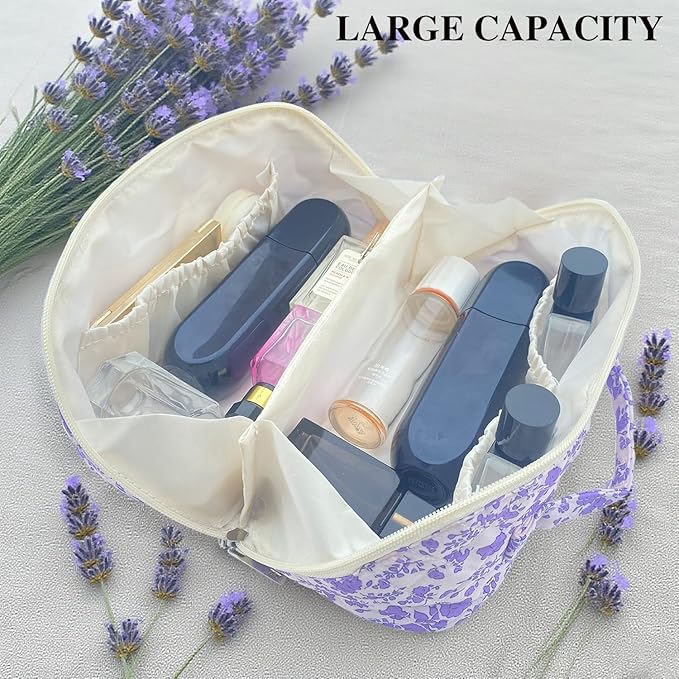 Purple Large Quilted Floral Makeup Bag Cute Coquette Aesthetic Cosmetic Bag Open Flat Travel Toiletry Make up Bag for Women