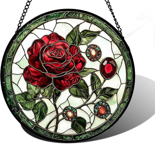 Stained Glass Window Hanging, Red Rose Gemstone Green Sun Catchers Diamond Glass Panel Hangings Suncatcher Decor for Birthday for Women, Men, Wife, Aunt, and Mom 9.8 in