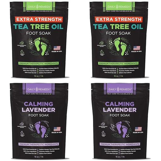 DAILY REMEDY 4-Pack - 2 Extra Strength Tea Tree Oil & 2 Calming Lavender Foot Soak Set - Made in USA - Soothes Sore Tired Feet, Athletes Foot, and Softens Calluses - 64 oz