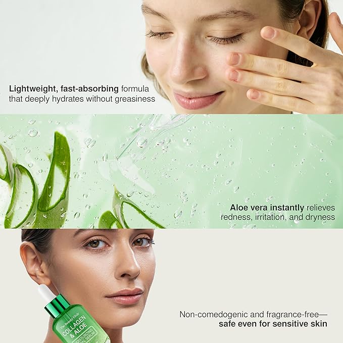 Aloe & Collagen Serum For Face - Dermatologist Tested, Anti-Aging, Ultra Hydrating Aloe Vera Gel For Face - Natural Ingredients, Clean Beauty, Cruelty-Free Korean Skin Care - 1.69 oz