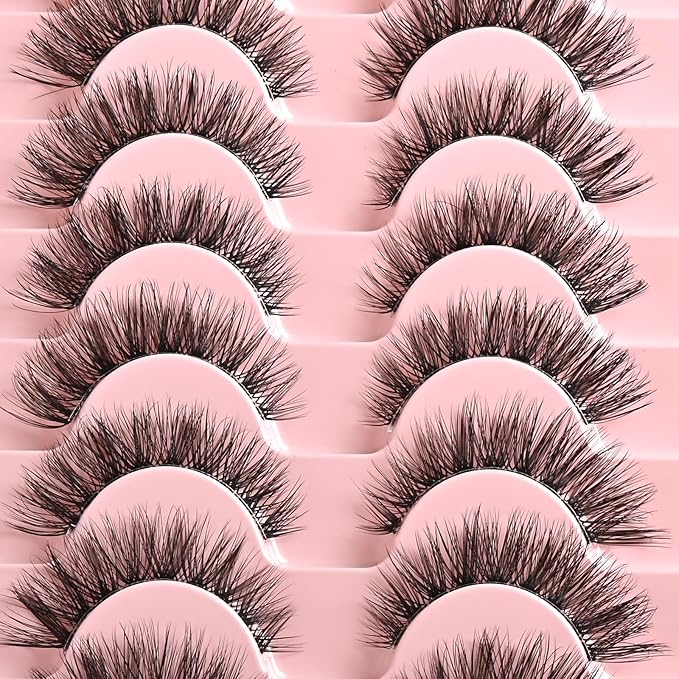 FARRED Cat Eye Lashes Natural Fake Strip Eyelashes Invisible Band Mink Eyelash Strips Wispy Full Volume False Lash Pack 10 Pairs 8-14 mm Short Demi Wispies Pestañas Postizas that Looks Like Extensions