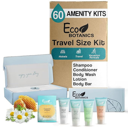 Terra Pure Eco Botanics Amenity Kit | Hotel Bulk Toiletries | 0.85 oz Shampoo, Conditioner, Lotion, Body Wash, Body Bar Soap for Guest Hospitality Vacation Rentals | 60 Sets/Case