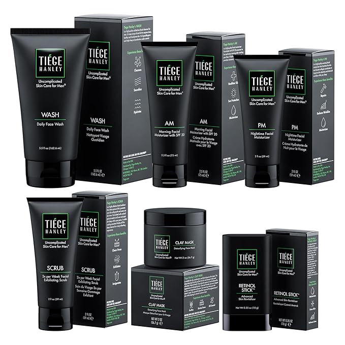 Tiege Hanley 90-Day Large Anti-Aging Skin Care Routine for Men - Includes Face Wash, Scrub, Moisturizers, Clay Mask, & Retinol Stick