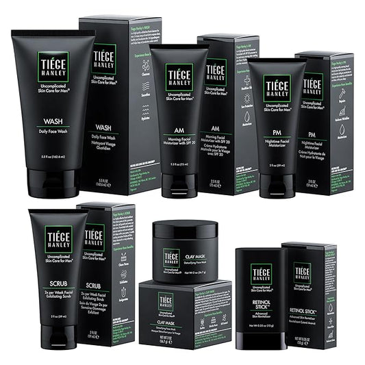 Tiege Hanley 90-Day Large Anti-Aging Skin Care Routine for Men - Includes Face Wash, Scrub, Moisturizers, Clay Mask, & Retinol Stick