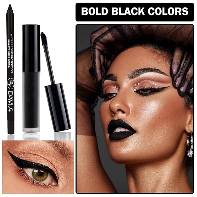 Black Matte Lipstick and Lip Liner Pencil Set Black Liquid Lipstick Lip Gloss Set Smudge Proof Long-lasting, Suitable for Halloween Goth Cosplay Makeup Lip Makeup