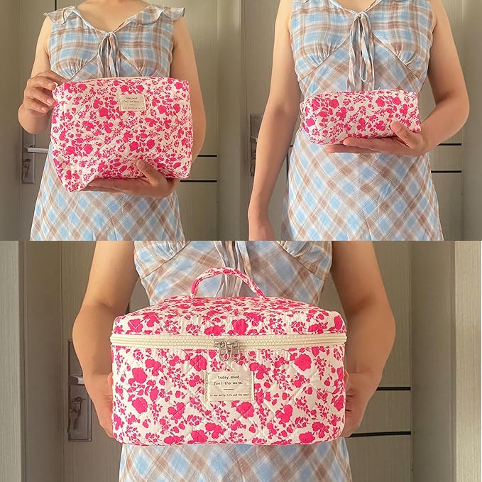 Rose Red Large Quilted Floral Makeup Bag Set of 3 Cute Coquette Aesthetic Cosmetic Bag Set Travel Toiletry Bag for Women