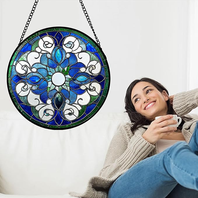 Stained Glass Window Hanging, Boho Style Sun Catchers Diamond Glass Panel Hangings Tiffany Suncatcher Decor for Birthday for Women, Men, Wife, Aunt, and Mom 14.9x14.9 in