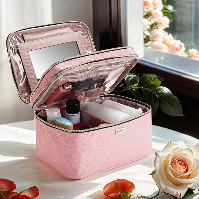 8.8L Double Layer Travel Makeup Bag With Mirror For Women, Large Cosmetic Case, Organizer for Travel-Size Accessories Bottles, Brushes,and Skin Care Products, 2.33 GAL, Pink