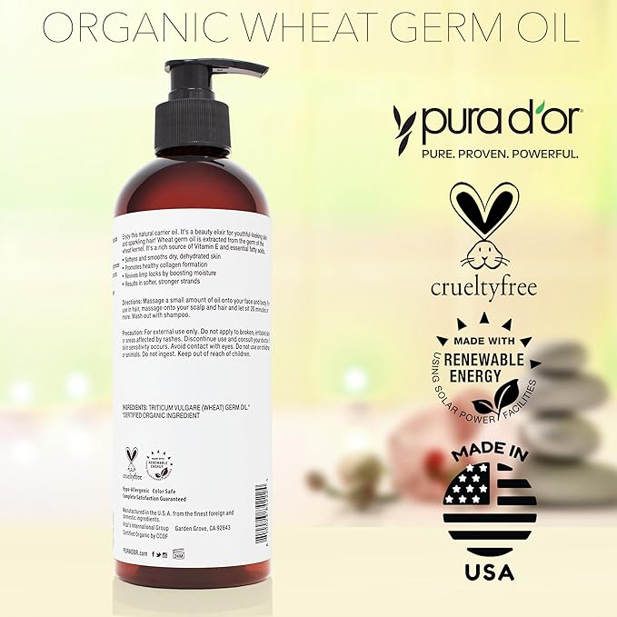 PURA D'OR ORGANIC Wheat Germ Oil (16 Oz x2 = 32 Oz) 100% Pure & Natural USDA Certified Cold Pressed Carrier Oil - Vitamin E Rich, Moisturizing & Nourishing Anti-Aging Properties - Healthy Hair Growth