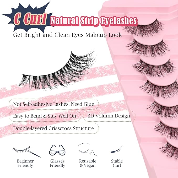 Natural Lashes Fake Eyelashes Pack C Curl Strip Lashes 13MM False Eyelashes Natural Looking 3D Volume Lash thin Band Eyelash Pack 7 Pair Siligli