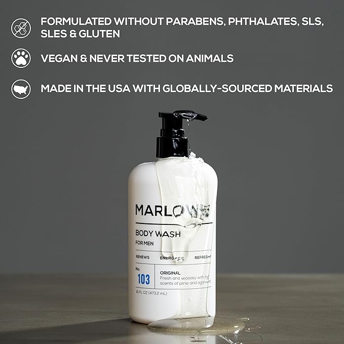 MARLOWE. No. 103 Body Wash 16 oz Pump, Original, Energizing & Refreshing Shower Gel with Willow Bark & Green Tea Extracts, Cleanses, Moisturizes, Smooths & Nourishes, Fresh Pine & Agarwood Scent