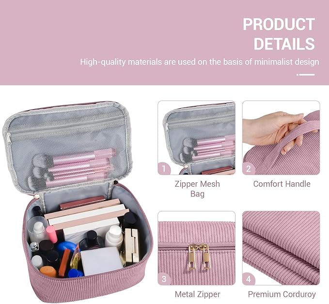 MAGEFY Small Makeup Bag for Purse Mini Cosmetics Bag Corduroy Cute Cosmetic Pouch for Women with Slip-in Pockets