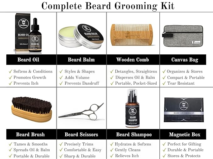 Striking Viking Grooming Kit - Premium Care Products for Men with Beard Shampoo, Oil, Balm Butter, Brush, Wooden Comb, Mustache Scissors & Toiletry Bag