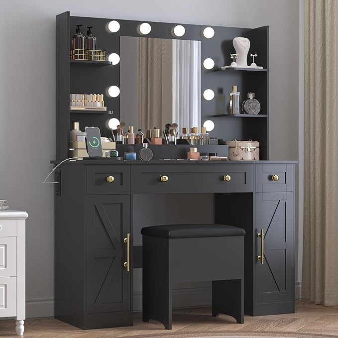 Vanity Desk with Mirror & Lights, Makeup Vanity Table with Charging Station, 3 Lighting Modes, Large Storage Space with Drawers and Shelves, Elegant White Vanity Set for Bedroom Dressing Room