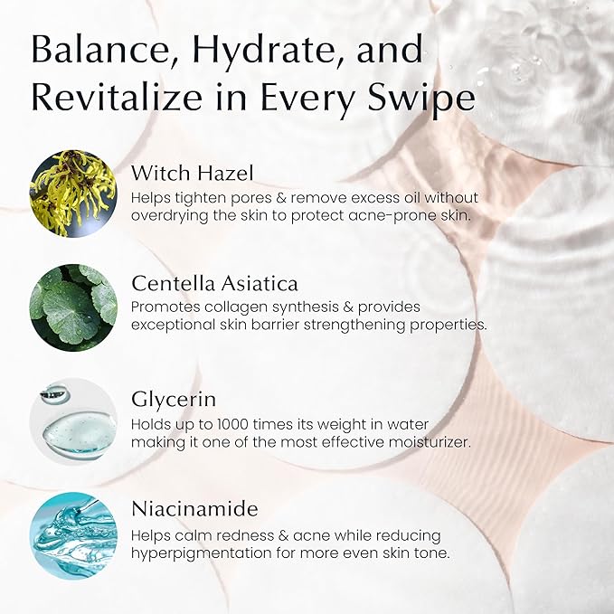 Korean Toner Pads With Witch Hazel - 100 Ct | Hydrating, Exfoliating Pads & Pore Care Korean Skincare - Gentle, Alcohol-Free, with Glycerin and Centella for Sensitive Skin by La Pure Cosmetics