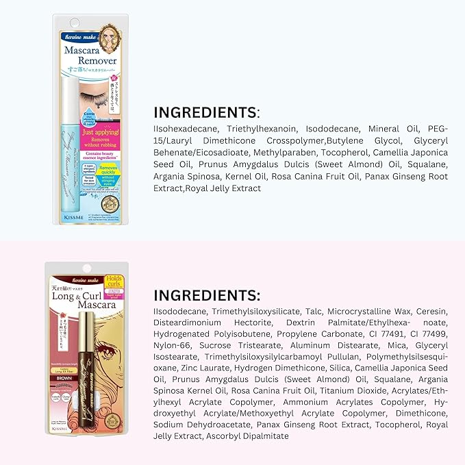 HEROINE MAKE by KISSME Brown Mascara Waterproof by Tubing Fiber for Long & Curl Eye Makeup, Volume and Length by Natural Lash Look + Gentle Mascara Remover Oil Free from Japan, 2 Set